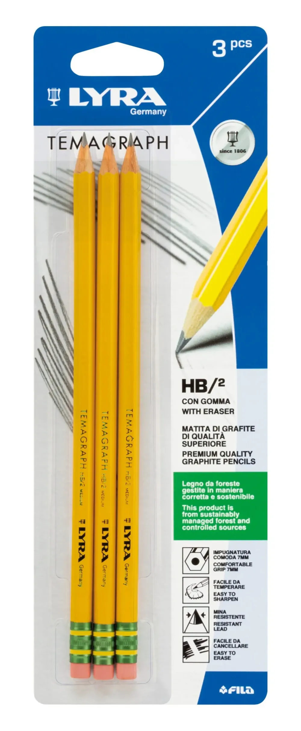 Blister 3 Lyra Temagraph Con Gomma Hb Cancelleria E Accessori