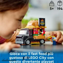 New 60404 Furgone Degli Hamburger Giocattolo, Veicolo Per Bambini 5+ Anni, Camion Food Truck Con Accessori E 2 Minifigure Mattoncini