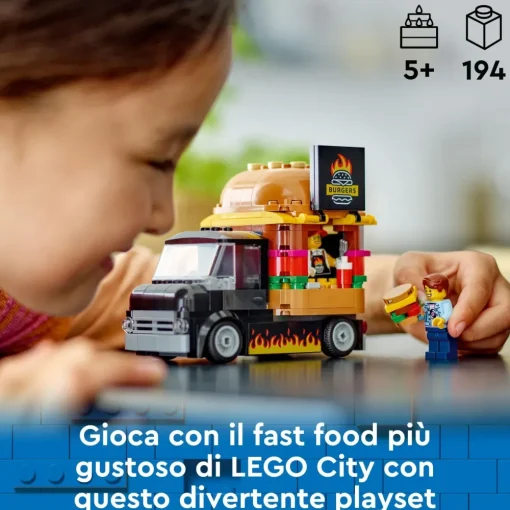 New 60404 Furgone Degli Hamburger Giocattolo, Veicolo Per Bambini 5+ Anni, Camion Food Truck Con Accessori E 2 Minifigure Mattoncini