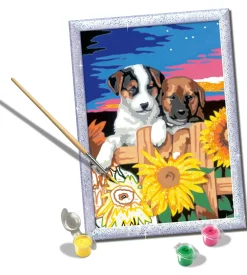 Ravensburger Serie D: Cagnolini Con Girasoli, Kit Per Dipingere Con I Numeri, Gioco Creativo Per Bambini 7+ Anni Kit Artistici E Pittura